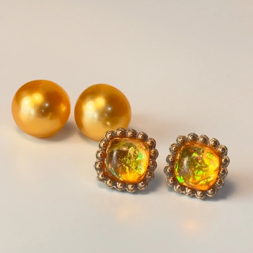 Vintage Stud Earring Set Gold Faux Pearl Orange Faux Opal Statement Boho